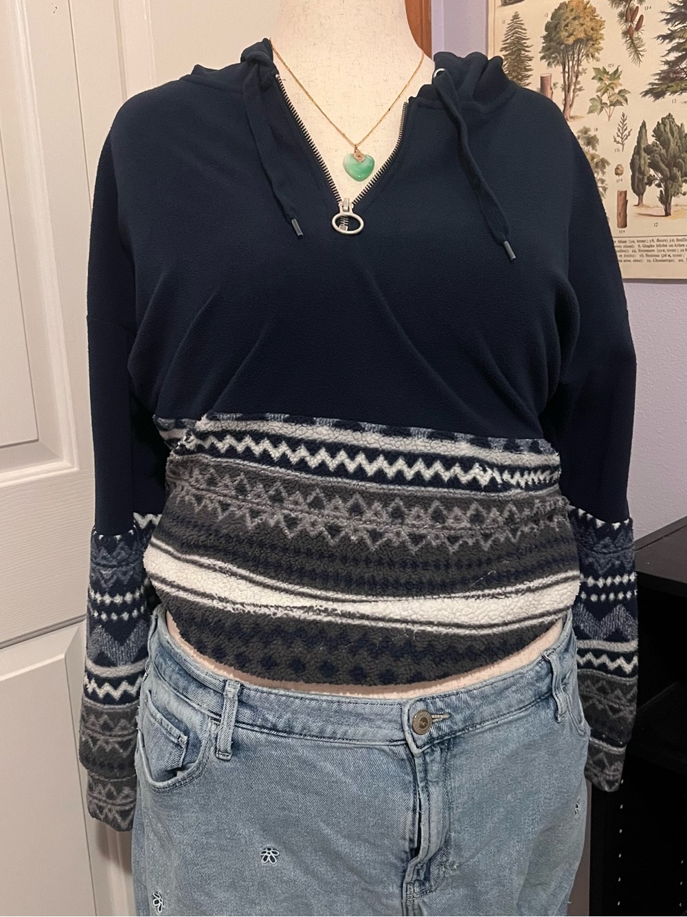 Navy Pullover Hoodie with Fair Isle Knit Accents